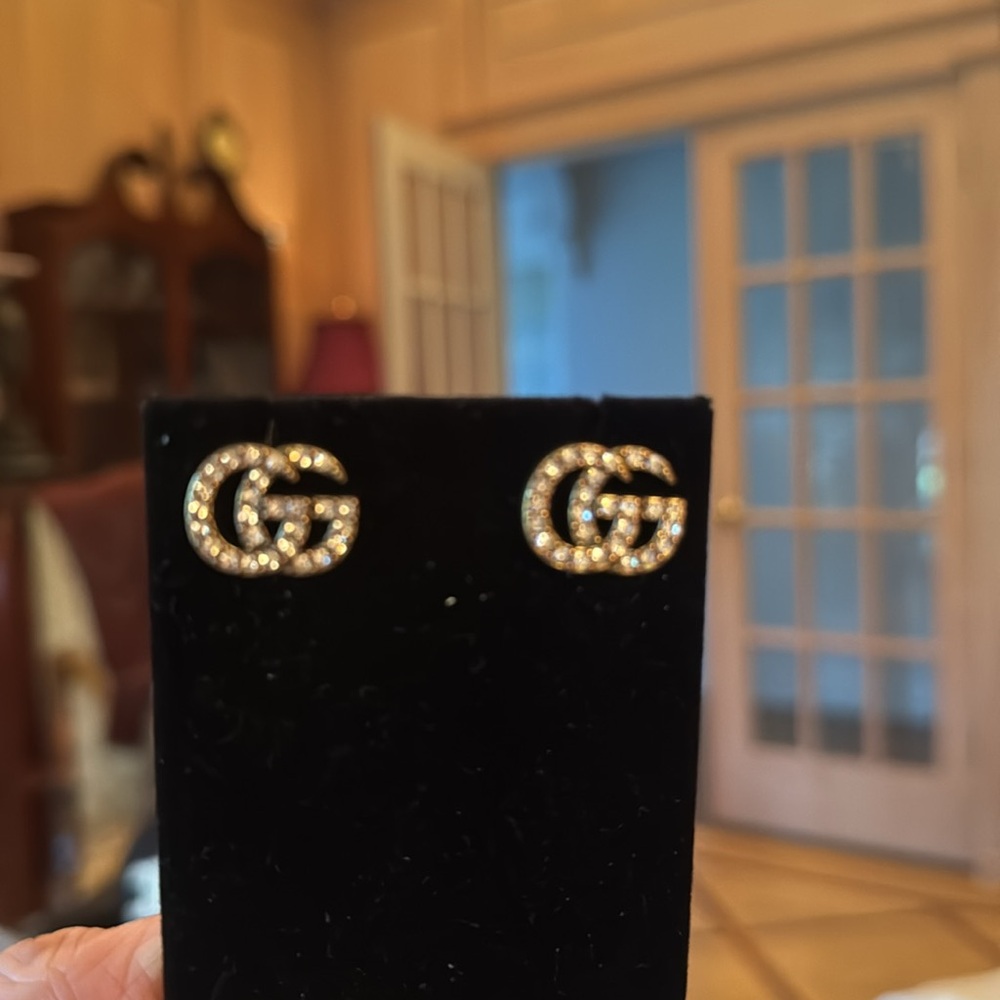Gucci Silver tone Crystal Double G Stud Earrings
